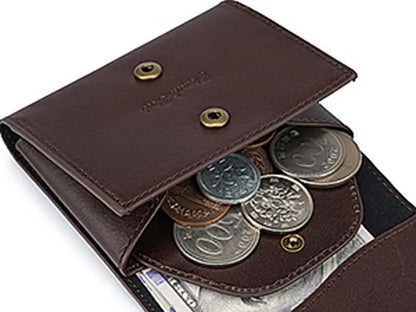 Pomelo Best Portable Men's Bifold Small Vintage Genuine Fine Grain Leather Wallet with Coin Compartment Press Stud Gift for Men