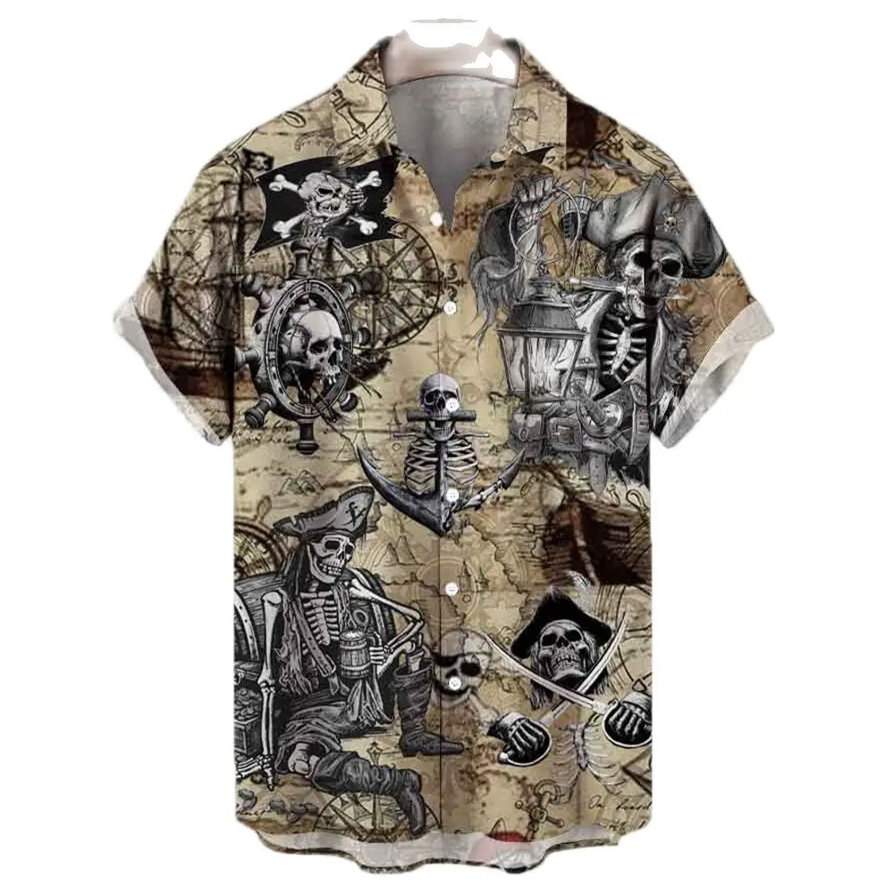 Men's Shirt Sailing Skull Print Shirts Hawaiian Fashion Casual Rock Print Plus Size Tops 2023 New Beach Men's Clothing Shirt