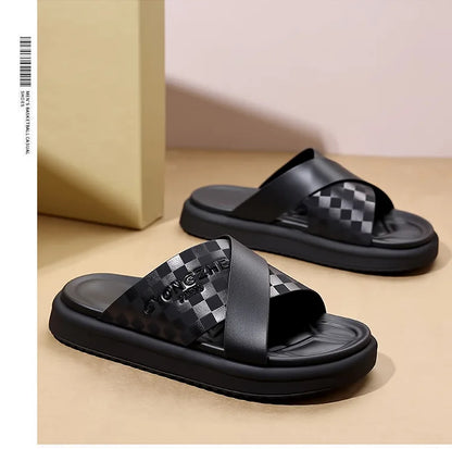 Summer New Fashion Outside Wear Slippers for Men Business Casual Black Leisure Genuine Leather Beach Shoes Slippers Man