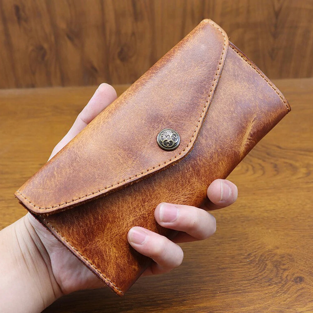 Genuine Leather Retro Men Handmade Wallet Handbag High Quality Phone Pocket Simple Card Bag Big Capacity Male Purses