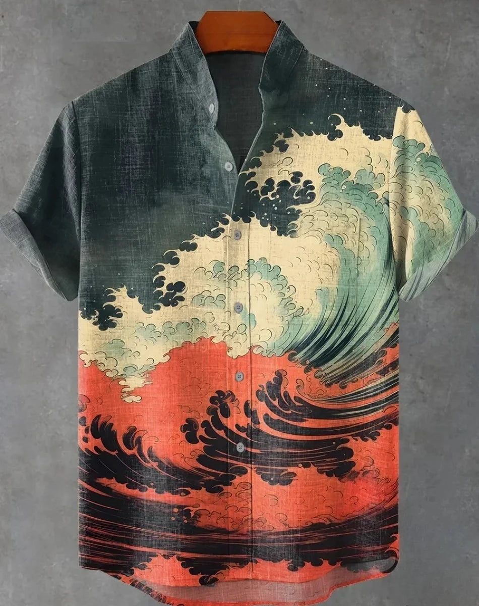 Men's striped Hawaiian shirt, casual short-sleeved top, loose and fashionable, vintage summer shirt