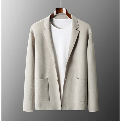 100% Pure Wool Cardigan Men's Spring And Autumn High-End Outerwear Sweater Casual Small Suit Jacket Olive Collar Sweater