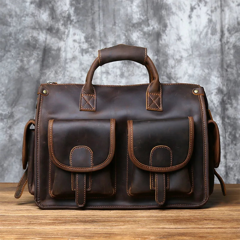NZPJ Vintage Genuine Leather Men's Briefcase Crazy Horse  Handbag Natural Cowhide Travel Bag Casual Shoulder Crossbody Bag