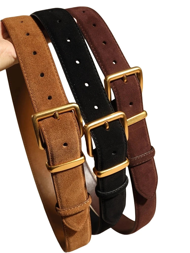 Fashion Suede Cowhide Womens Belts Genuine Leather Luxury Designer Belt Slim Waist Dresses Jeans Girdle