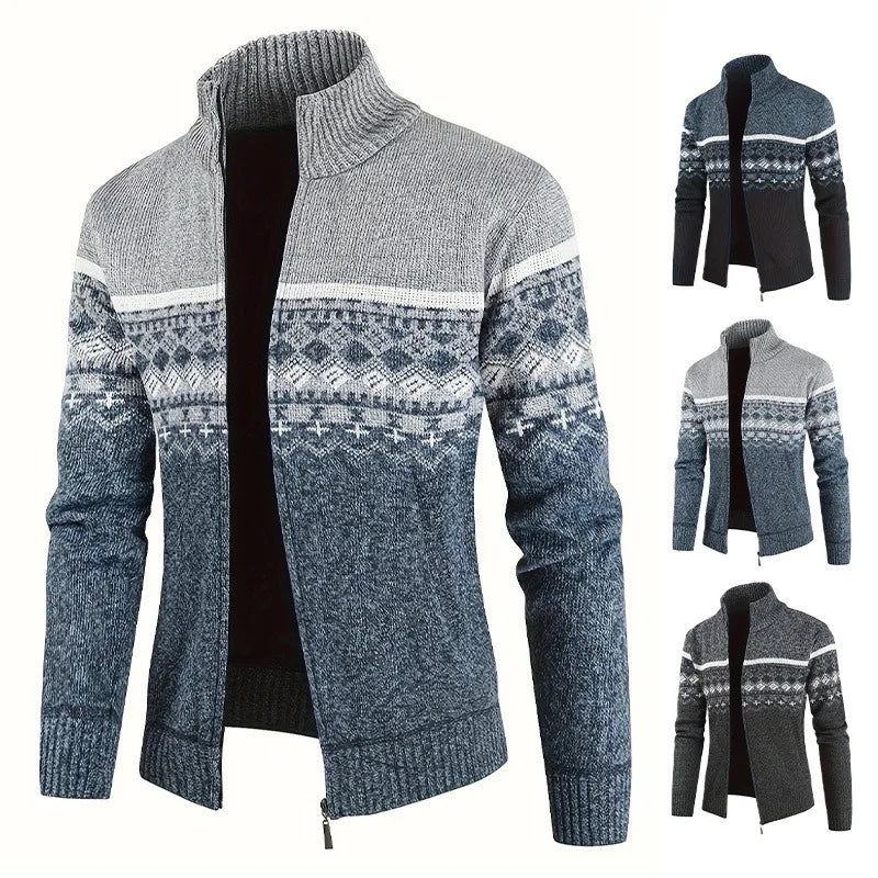 Men's Zip Up Fair Isle Cardigan Sweater Warm Knit Jacquard Stand Collar Casual Winter Pullover with Thermal Lining