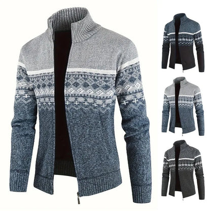 Men's Zip Up Fair Isle Cardigan Sweater Warm Knit Jacquard Stand Collar Casual Winter Pullover with Thermal Lining