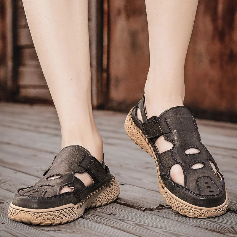 Male Casual Leather Summer Shoes Versatile Men's Sandals Durable Handmade Stitching Besch Shoes Non Slip Roma Footwear Sandals