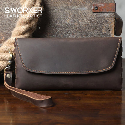S.WORKER Classic Full Grain Leather Long Wallet For Men Large Capacity For Cash&Cards Slot Pocket Purse