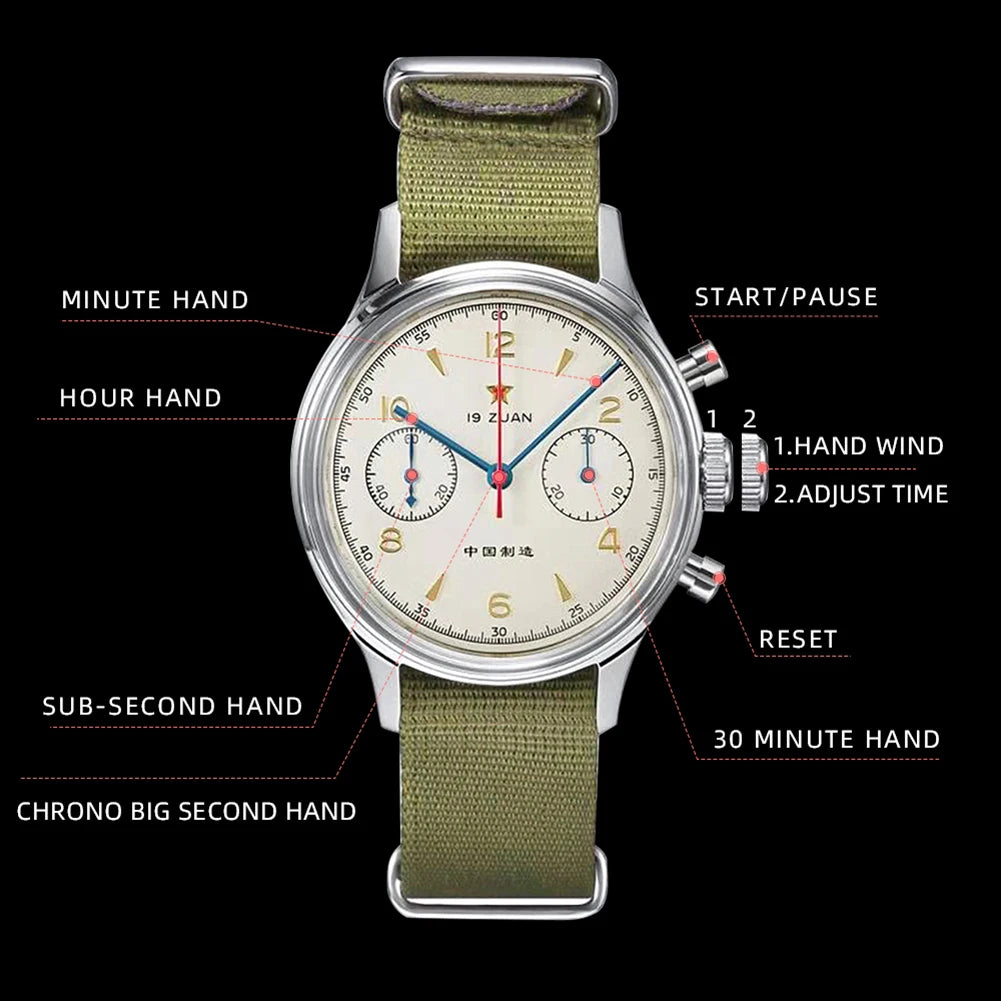 Red Star Retro 1963 Chronograph ST1901 Hand Winding Movement Air Force Pilots Aviation Sapphire Men Mechanical Watch Waterproof