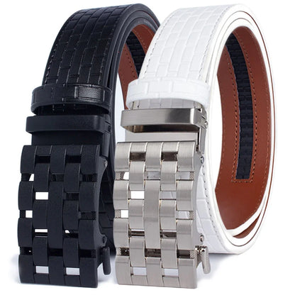 2023 Men Belt Metal Luxury Brand Automatic Buckle Plaid Genuine Leather Belts for Men Waist Strap Black Male