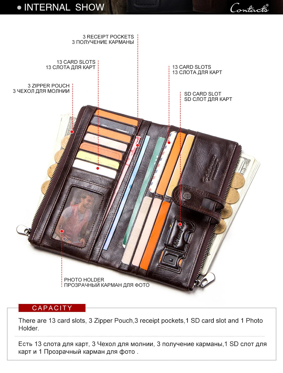 CONTACT'S Men Clutch Wallet Genuine Leather Long Wallet Hasp Card Holder Vintage Male Zipper Coin Purse Money Clip Women Purse