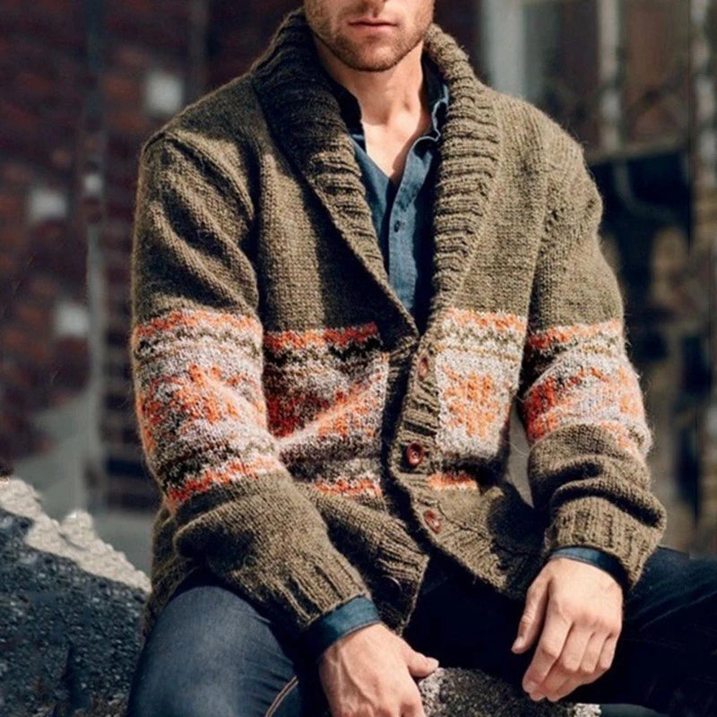 New American Jacquarded Men Cardigan Jacket Light Luxury Military Green Knitted Long Sleeve Sweater Coat Splicing Print Knitwear