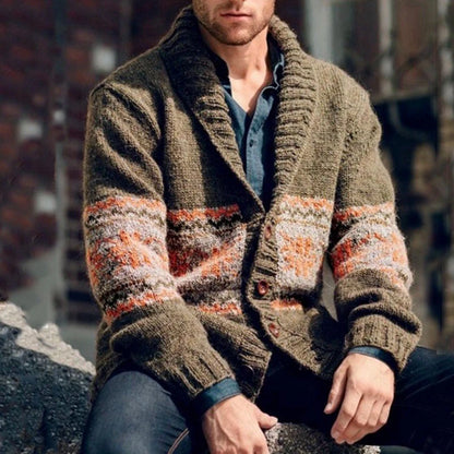 New American Jacquarded Men Cardigan Jacket Light Luxury Military Green Knitted Long Sleeve Sweater Coat Splicing Print Knitwear