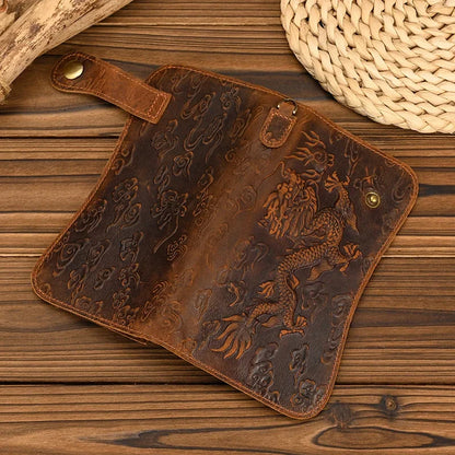 Men's Genuine Leather Wallet Chain Snap Bifold Purse Crazy Horse Leather Card Case Phone Card Holder Clutch Dragon Wallet