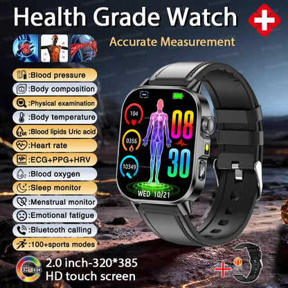 2026 Top Nursing Grade ECG+PPG Smart Watch Men Accurate Blood Pressure Lipids Uric Acid 2.0-inch AMOLED Screen HD Call Watch Men