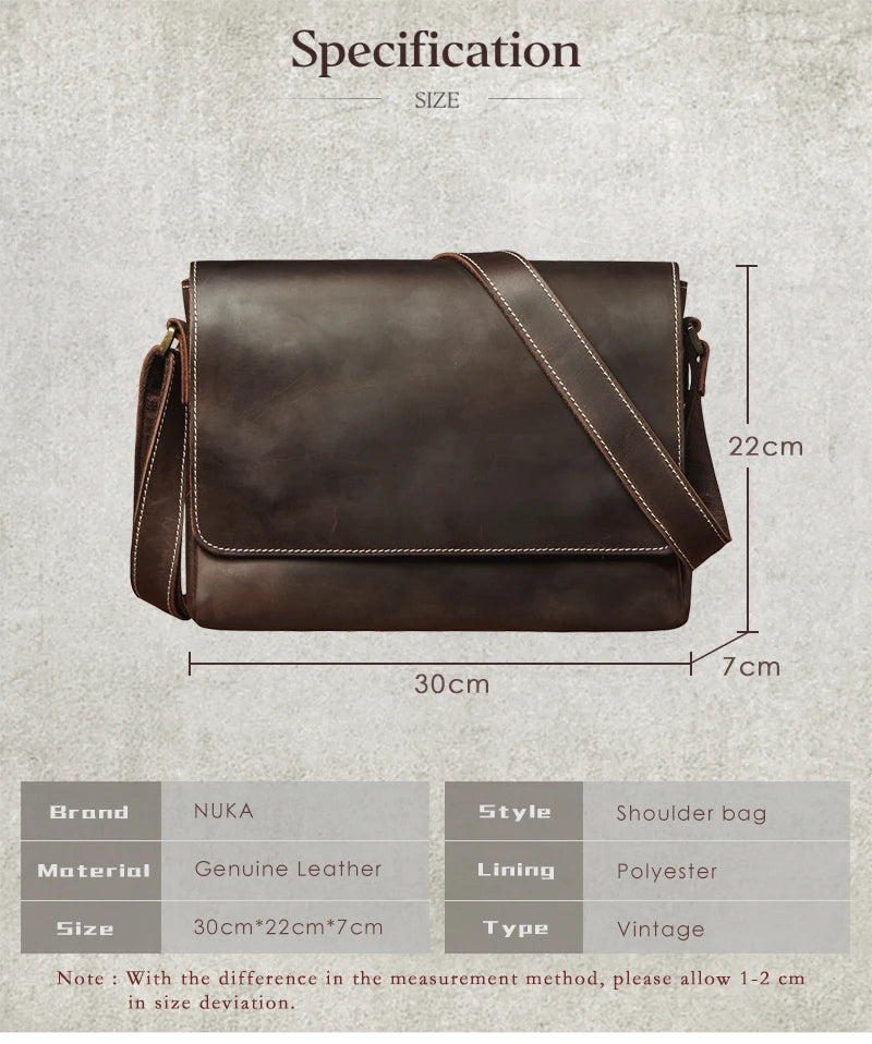 NUKA Men's Genuine Leather Shoulder Bag Retro Original Cowhide Horizontal Crossbody Deluxe Flap Messenger Bags For 11 Inch Ipad