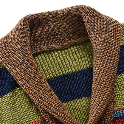 Trendy Mens Knitted Cardigans 2025 Spring Casual Button-up Lapel Sweatercoats Men Vintage Rainbow Striped Sweater Jacket Coats