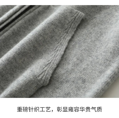 Autumn And Winter Men's 100% Pure Wool Cardigan Warm Zipper Hooded Casual Knitted Cashmere Coat