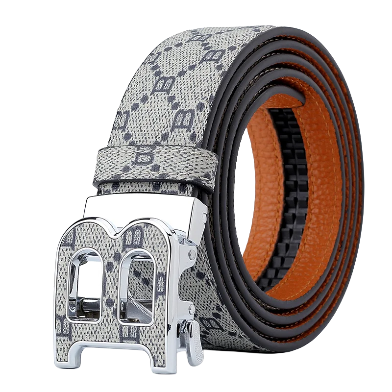Classic B Print Leather Belt for Men - Adjustable Ratchet Buckle Dress Belt for Suits & Trousers
