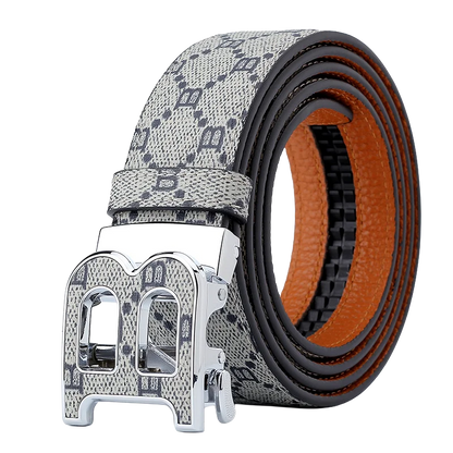 Classic B Print Leather Belt for Men - Adjustable Ratchet Buckle Dress Belt for Suits & Trousers