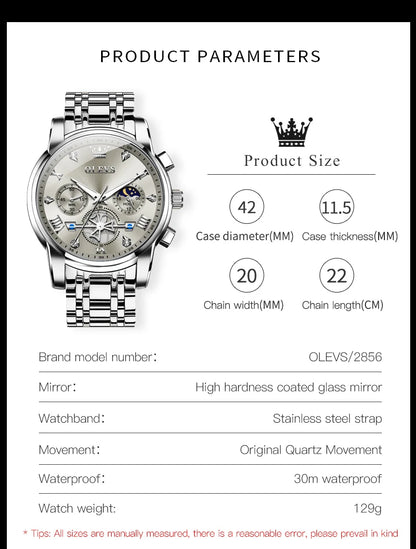 OLEVS Men's Watches Classic Multifunctional Flywheel Chronograph Original Quartz Wristwatch Moon Phase 24 Hour Waterproof Reloj