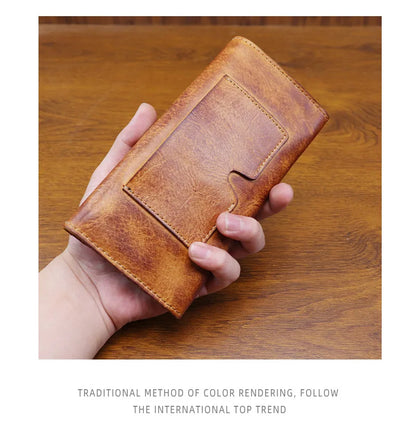 Genuine Leather Retro Men Handmade Wallet Handbag High Quality Phone Pocket Simple Card Bag Big Capacity Male Purses