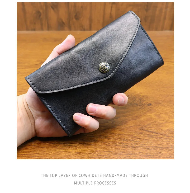 Genuine Leather Retro Men Handmade Wallet Handbag High Quality Phone Pocket Simple Card Bag Big Capacity Male Purses