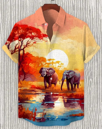 New Retro Men's Ethnic Elephant Pattern Print Lapel Shirt, Fashion Casual Short Sleeve Linen Neuheiten in Oberteile Und T-shirts