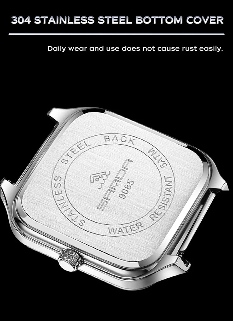 SANDA New Casual Men's Square Watches Fashion Hollow Skeleton Luminous 5ATM Waterproof Multifunction Chronograph Quartz Watch