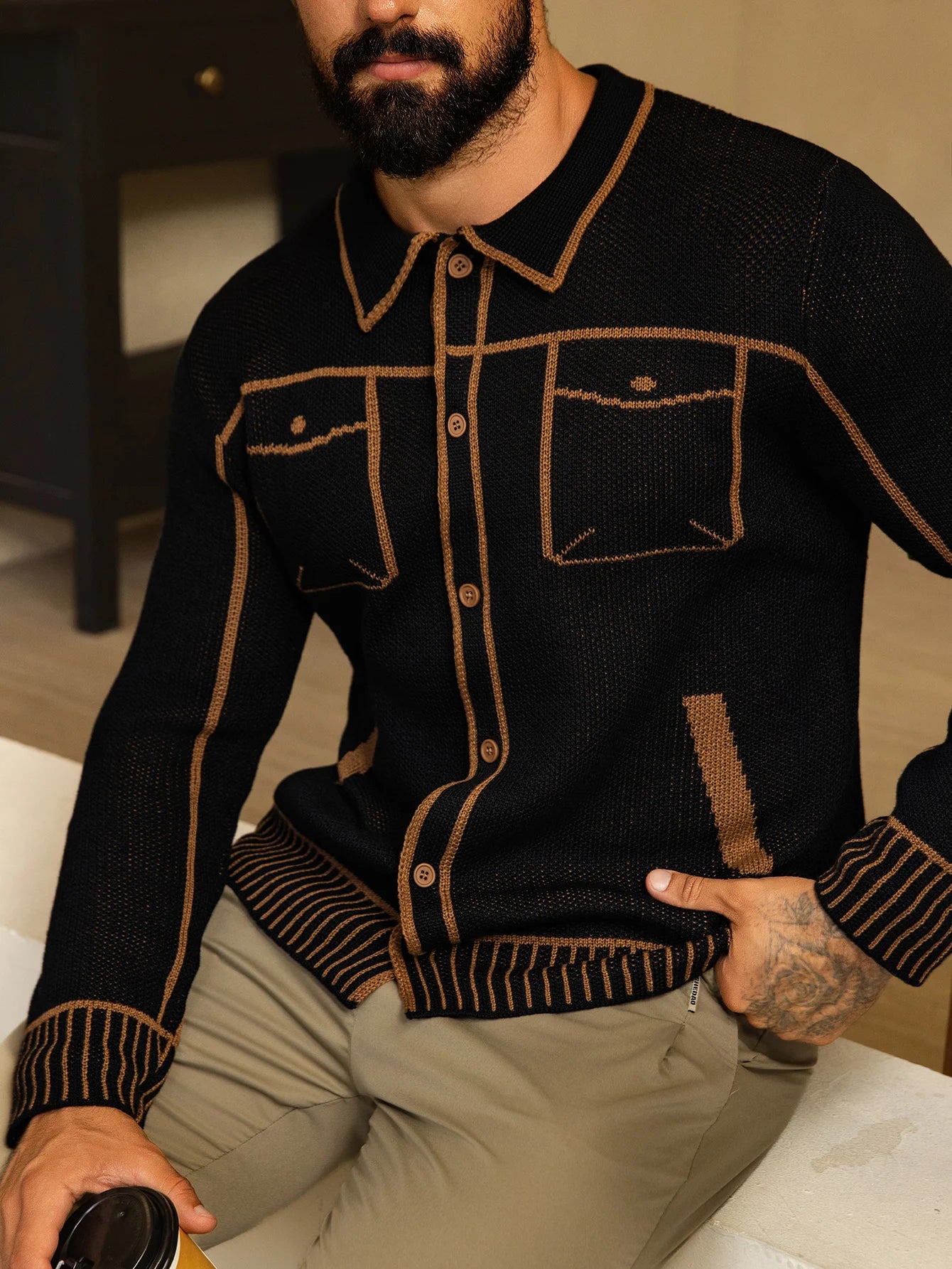 Men's Comfortable Open Cardigan Autumn Winter Casual Knitwear with Fake Pocket Design Fashionable Men's Sweater
