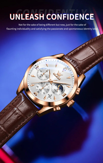 OLEVS Luxury Men's Watches Leather Strap Waterproof Luminous Chronograph Moon Phase Man Watch Top Original Quartz Watch for Men
