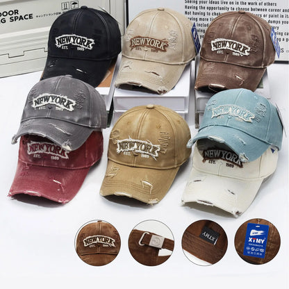 Letter New York Broken Hole Baseball Cap Washed Cotton Adjustable Embroidery Baseball Cap Sunscreen Hats For Man Women Fashion