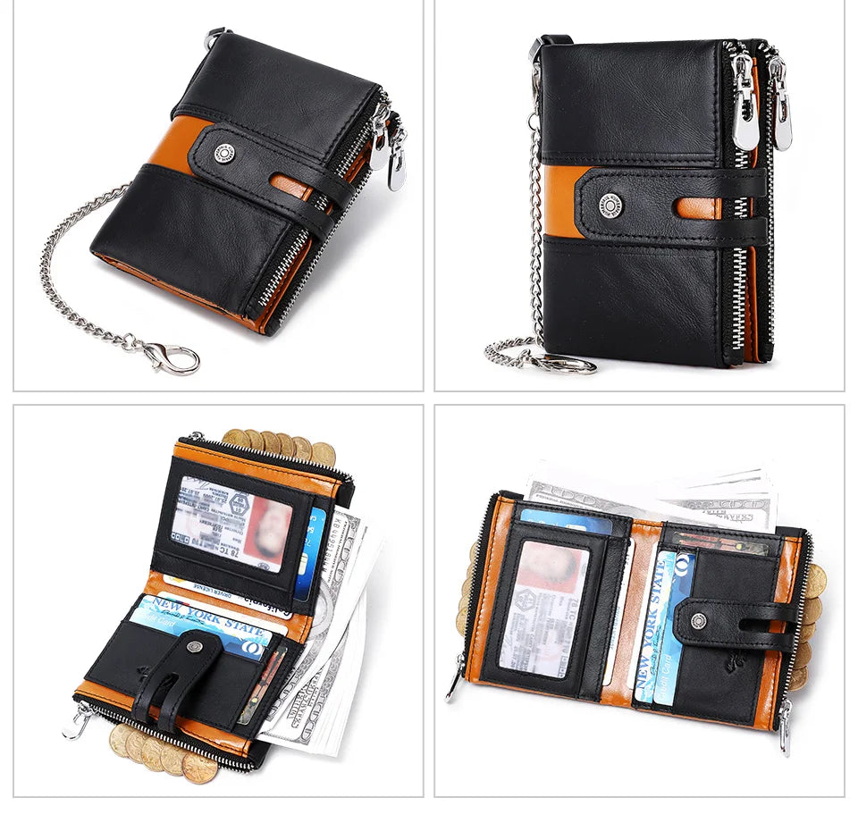 HUMERPAUL Genuine Leather Men's Wallet Fashion Quality Travel Purse Rfid Protect Credit Card Holder Wollst for Men with Chain