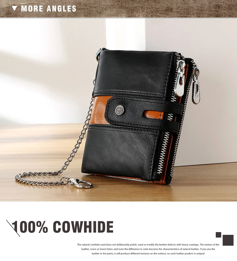 HUMERPAUL Genuine Leather Men's Wallet Fashion Quality Travel Purse Rfid Protect Credit Card Holder Wollst for Men with Chain