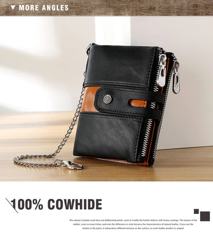 HUMERPAUL Genuine Leather Men's Wallet Fashion Quality Travel Purse Rfid Protect Credit Card Holder Wollst for Men with Chain