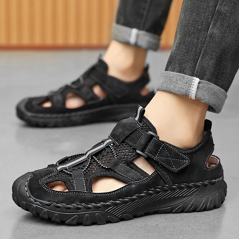Men Outdoor Protective Toe Sandals Hollow Breathable Mesh Upper Quick Dry Lining Non Slip Walking Camping Driving Casual Shoes