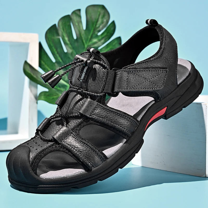 Genuine Leather Mens Water Beach Sandals Summer Closed Toe Sandals Non-slip Hiking Wading Sneakers Quick Dry Wading Aqua Shoes