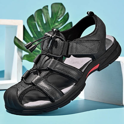Genuine Leather Mens Water Beach Sandals Summer Closed Toe Sandals Non-slip Hiking Wading Sneakers Quick Dry Wading Aqua Shoes