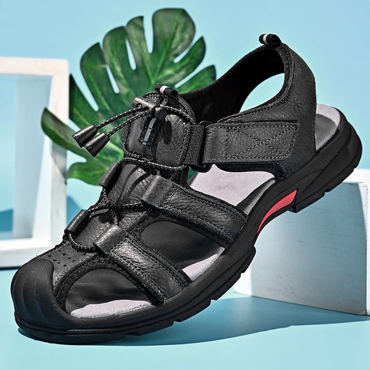 Genuine Leather Mens Water Beach Sandals Summer Closed Toe Sandals Non-slip Hiking Wading Sneakers Quick Dry Wading Aqua Shoes