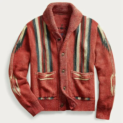 Autumn Winter New Men's Vintage Jacquard Sleeve Lapel Knit Sweater