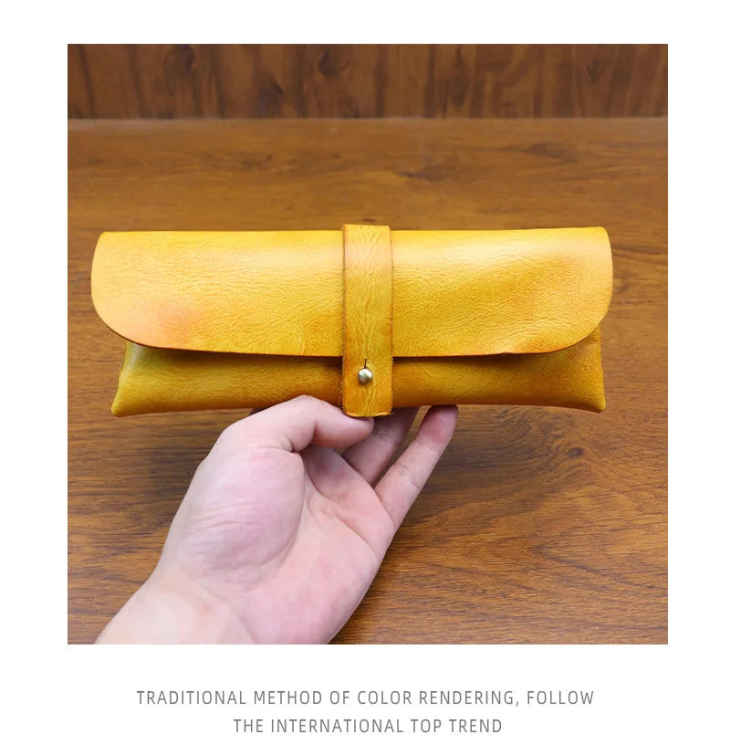 Genuine Leather Men Pencil Bag Handmade Wallet Large Capacity Retro Glasses Storage Bag Stationery Pencil Case Unisex Purses