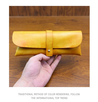 Genuine Leather Men Pencil Bag Handmade Wallet Large Capacity Retro Glasses Storage Bag Stationery Pencil Case Unisex Purses