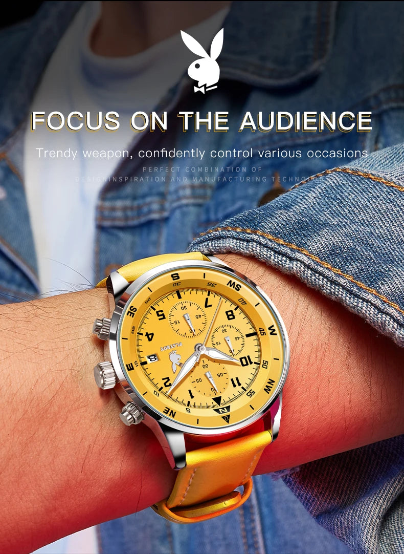 PLAYBOY Luxury Quartz Men's Watches Fashion Casual Leather Strap Sports Chronograph Wristwatch Original Waterproof Watches 3303