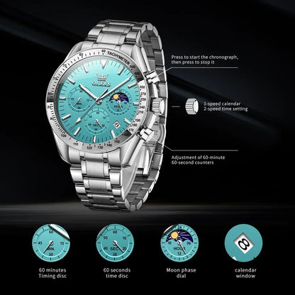 OLEVS 3618 Waterproof Luminous Date Moon Chronograph Wristwatches Mens Luxury Stainless Steel Quartz Watch for Men Reloj Hombre