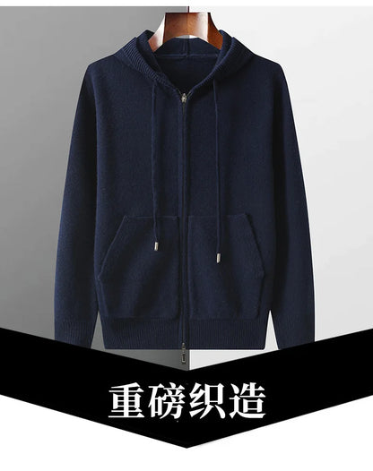 Autumn And Winter Men's 100% Pure Wool Cardigan Warm Zipper Hooded Casual Knitted Cashmere Coat