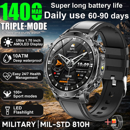 Newly Durable 1400mAh Large Battery Smart Watch Men 1.7" HD Screen IP68K Waterproof LED Flashlight Sports BT Call Smart Bracelet
