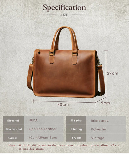 NUKA Men's Executive Briefcase High Quality Real Leather Business Handbag Retro Original Cowhide Shoulder Bag For 15 Inch Laptop