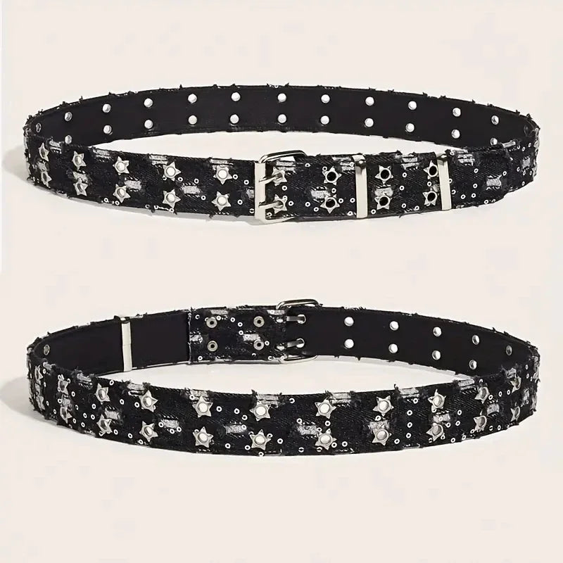 1Pc Fashion Luxury Belt Black Punk Accessories Blue Denim Girdle HipHop Y2k Star Hollowed Pin Buckle Waistband，For Men Women