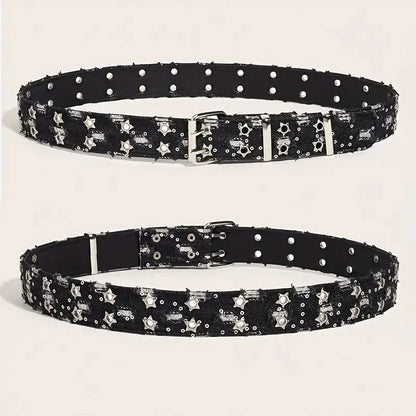 1Pc Fashion Luxury Belt Black Punk Accessories Blue Denim Girdle HipHop Y2k Star Hollowed Pin Buckle Waistband，For Men Women
