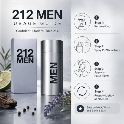 212 MEN Perfume for Men Eau De Toilette Long Lasting Fresh Citrus Woody Aromatic Fragrance Spray Bergamot Lavender Amber Daily Wear Gift 100ml
